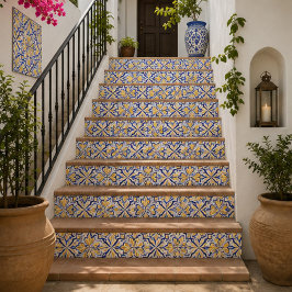 Sunlit Harmony Elegant Blue and Gold Floral Mosaic Fliese