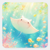 Sunlit Manta Ray Gliding durch das Riff Quadratischer Aufkleber (Vorderseite)
