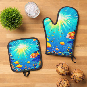 Sunlit Reef Life Glow Kunst Ofenhandschuh & Topflappen-Set