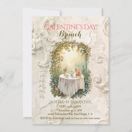 Sunlit Rococo Garden Arch Galentine Brunch Florals Einladung (Vorderseite)