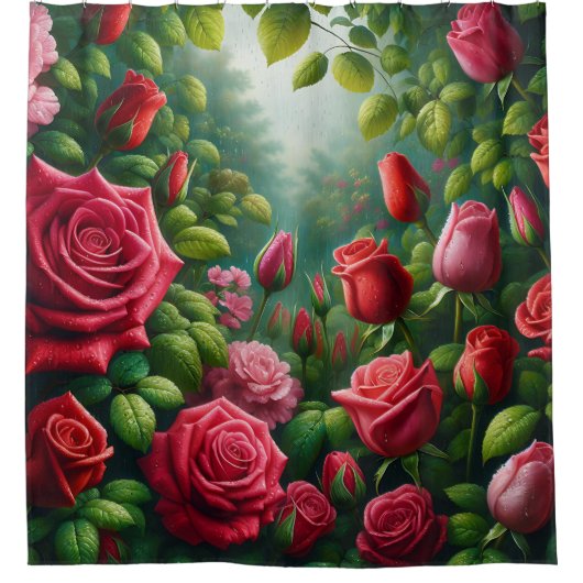 "Sunlit Rose Garden: Taubenküss Blooms" Duschvorhang (Vorderseite)