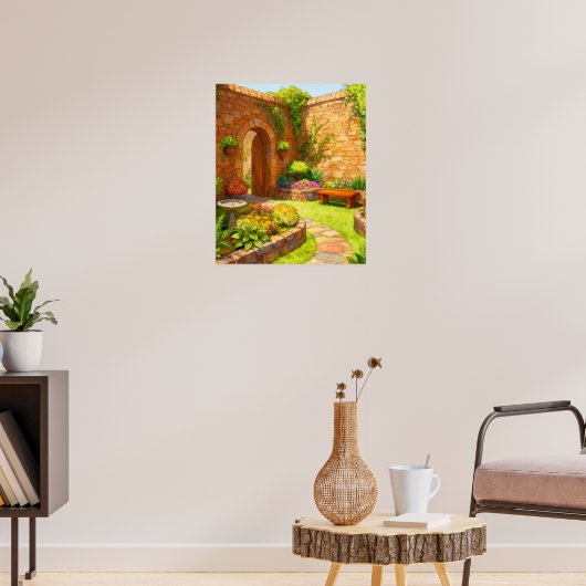 Sunlit Stone Courtyard Garden Path Watercolor Art Poster (Wohnzimmer 3)