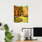 Sunlit Stone Courtyard Garden Path Watercolor Art Poster (Heimbüro)