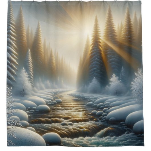 "Sunlit Winter River Scene" Duschvorhang (Vorderseite)