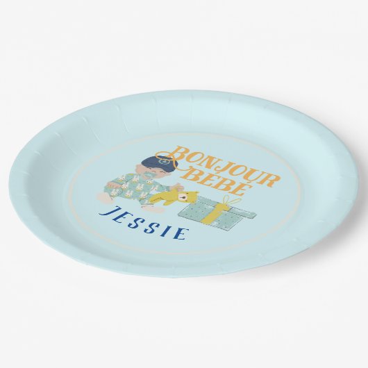 Sunny Aqua Bonjour Boy Baby Pappteller (Schrägansicht)