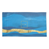 Sunny Azur Ocean Surf Waves Blue Gold Monogramme Kissenbezug (Rückseite-Links)