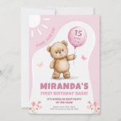 Sunny Bear Pink Ballon Erster Geburtstag Einladung (Vorderseite)