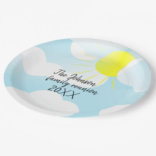 Sunny Blue Summer Sky mit Clouds Family Wiedersehe Pappteller (Schrägansicht)