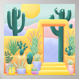 Sunny Cactus Garden Wüste Landschaft Illustration Poster
