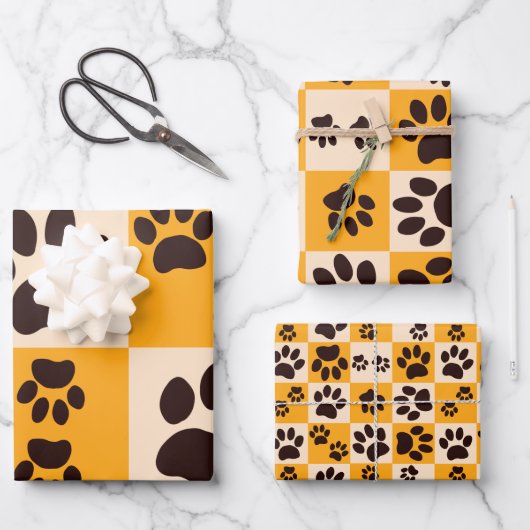 Sunny Cat Paw Print Checkerboard Geschenkpapier Set (Vorderseite)