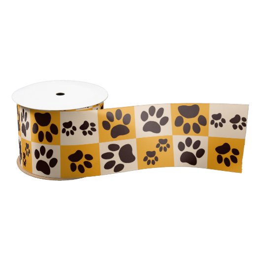 Sunny Cat Paw Print Checkerboard Satinband (Spule)