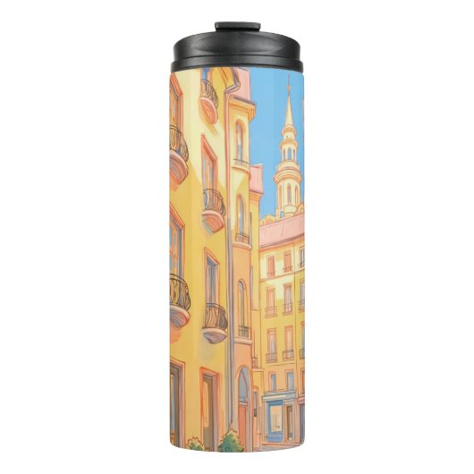 Sunny European Street Cosy Architecture Travel Art Thermosbecher (Vorderseite)