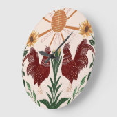 Sunny Folk Art Rooster Symmetrisches Design Große Wanduhr (Winkel)