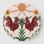Sunny Folk Art Rooster Symmetrisches Design Große Wanduhr (Vorderseite)