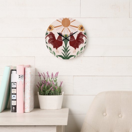 Sunny Folk Art Rooster Symmetrisches Design Große Wanduhr (Lesesaal)