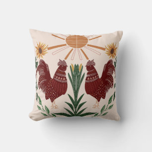 Sunny Folk Art Rooster Symmetrisches Design Kissen