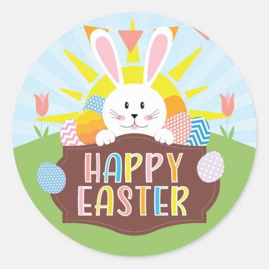 Sunny Happy Osterfest Bunny & Colorful Eggs Urlaub Runder Aufkleber (Vorderseite)