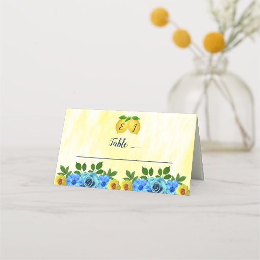 Sunny Lemon Floral Wedding Platzkarte (Vorderseite)
