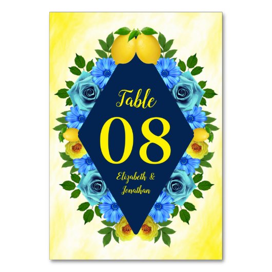 Sunny Lemon Floral Wedding Tischnummer (Vorderseite)