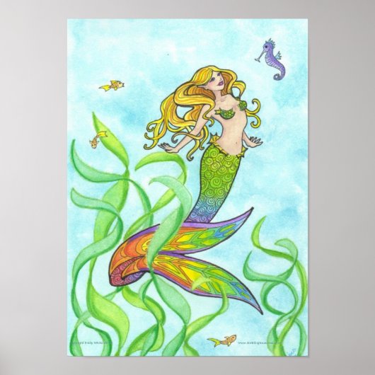 Sunny Mermaid + Fish Fantasy Art Poster (Vorne)