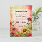 🌻 Sunny Petals & Scarlet Blooms Save The Date (Stehend Vorderseite)