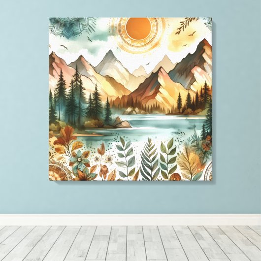 Sunny Rustic Boho Nature Pattern Mountain Lake Leinwanddruck (Insitu (Holzboden))