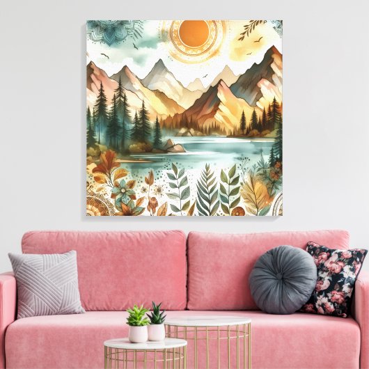 Sunny Rustic Boho Nature Pattern Mountain Lake Leinwanddruck (Insitu (Wohnzimmer))