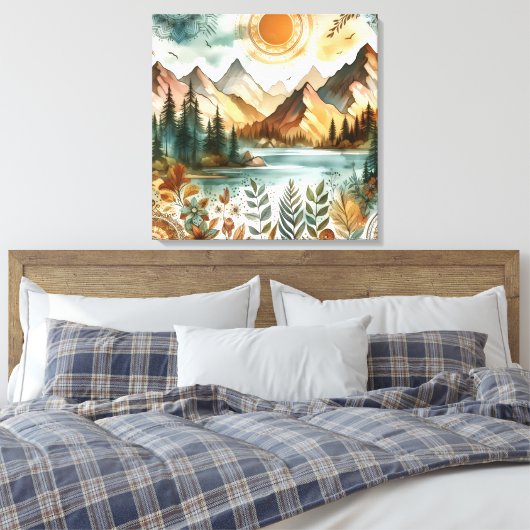 Sunny Rustic Boho Nature Pattern Mountain Lake Leinwanddruck (Insitu (Schlafzimmer))