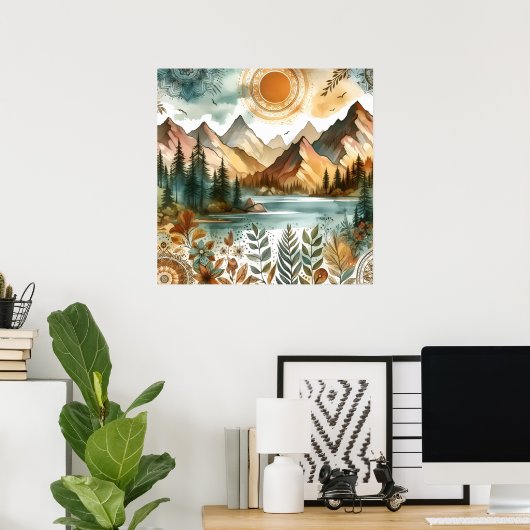 Sunny Rustic Boho Nature Pattern Mountain Lake Poster (Heimbüro)