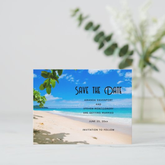 Sunny Tropical Beach Foto Save the Date Einladungspostkarte (Stehend Vorderseite)