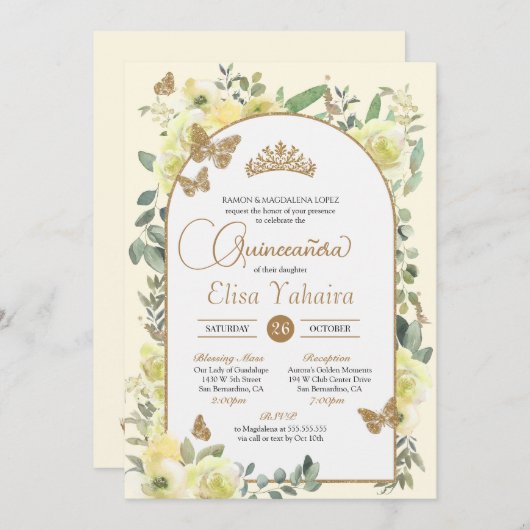 Sunny Yellow Butterfly Wasserfarbe Quinceñera Einladung (Vorne/Hinten)