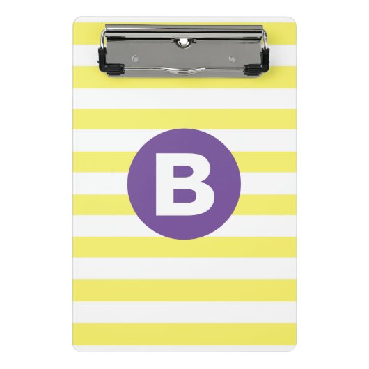 Sunny Yellow Striped Purple Monogram Mini Klemmbrett (Vorderseite)