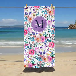 Sunrise Boho Floral Lila und weiß Monogramm Strandtuch