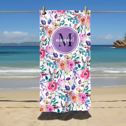 Sunrise Boho Floral Lila und weiß Monogramm Strandtuch