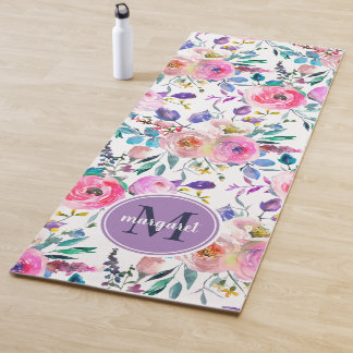Sunrise Boho Floral Lila und weiß Monogramm Yogamatte