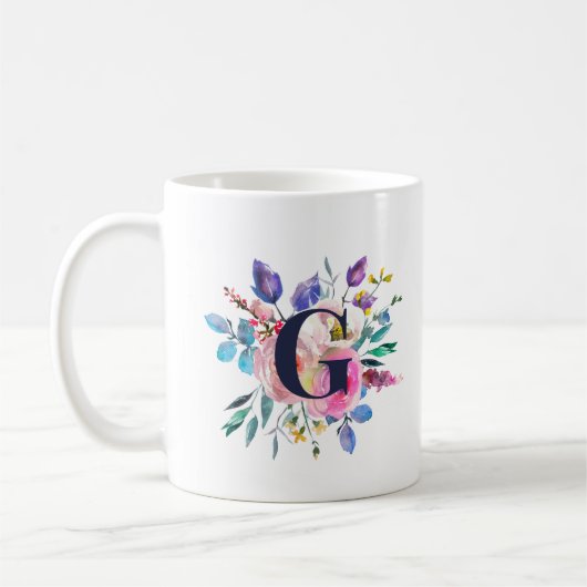 Sunrise Boho Floral Navy Monogramm Kaffeetasse (Links)