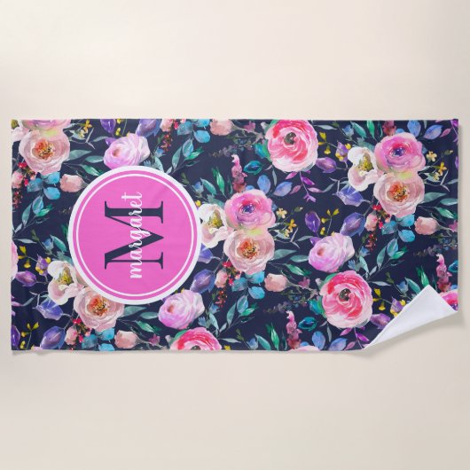 Sunrise Boho Floral Pink und Navy Monogram Strandtuch (Vorderseite)