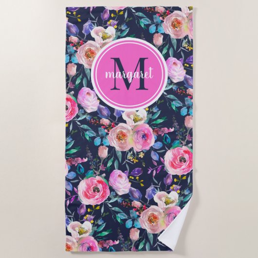 Sunrise Boho Floral Pink und Navy Monogram Strandtuch (Vorderseite)