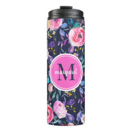 Sunrise Boho Floral Pink und Navy Monogram Thermosbecher