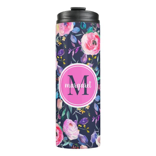 Sunrise Boho Floral Pink und Navy Monogram Thermosbecher (Vorderseite)