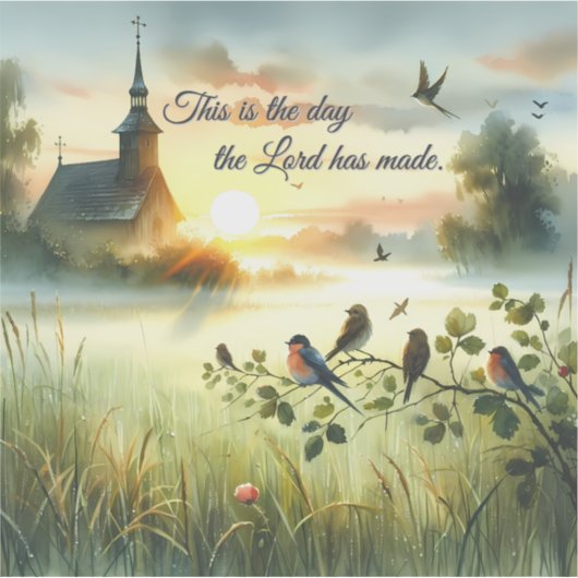Sunrise Church with Birds in Misty Meadow Aufkleber (Vorderseite)