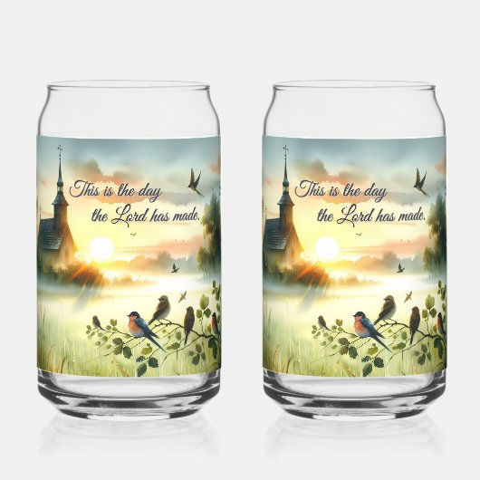 Sunrise Church with Birds in Misty Meadow Dosenglas (Vorderseite)