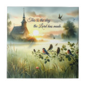 Sunrise Church with Birds in Misty Meadow Fliese (Vorderseite)