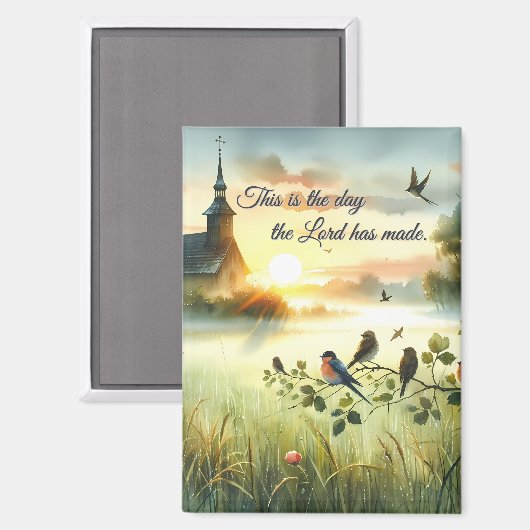 Sunrise Church with Birds in Misty Meadow Magnet (Vorderseite/Rückseite)