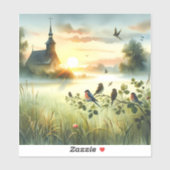 Sunrise Church with Birds in Misty Meadow No Verse Aufkleber (Blatt)