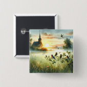 Sunrise Church with Birds in Misty Meadow No Verse Button (Vorne & Hinten)