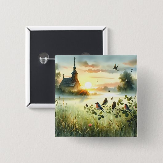Sunrise Church with Birds in Misty Meadow No Verse Button (Vorne & Hinten)