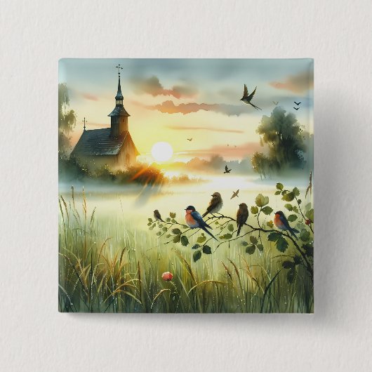 Sunrise Church with Birds in Misty Meadow No Verse Button (Vorderseite)