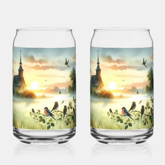 Sunrise Church with Birds in Misty Meadow No Verse Dosenglas (Vorderseite)