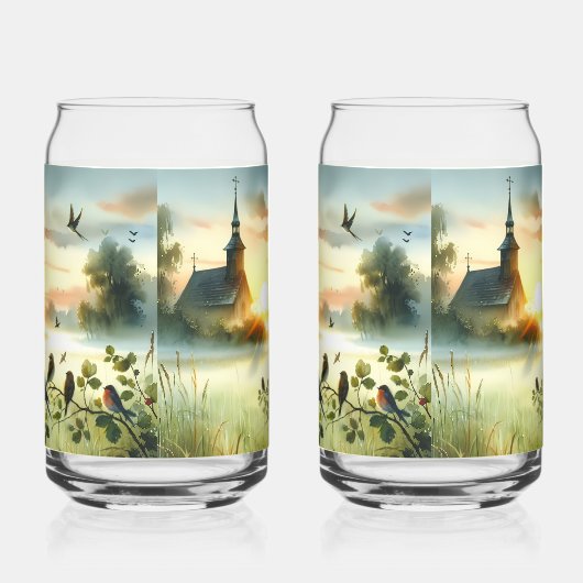 Sunrise Church with Birds in Misty Meadow No Verse Dosenglas (Links)